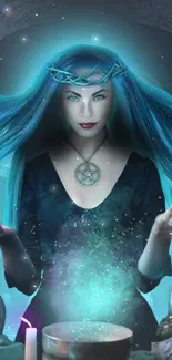 Mystical sorceress with blue hair casting a spell in a magical setting.