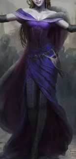 Mystical sorceress in purple dress casting magic in fantasy art wallpaper.