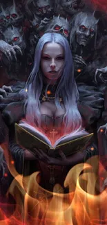 Mobile wallpaper of a mystical sorceress holding a glowing book, surrounded by shadows.