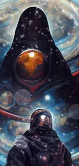 Astronaut faces cosmic entity in swirling galaxy art wallpaper.