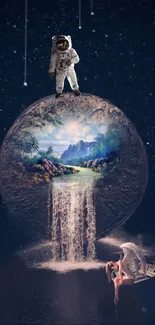 Astronaut on a cosmic sphere with waterfall and night sky.