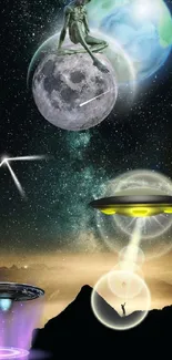 Alien sitting on moon with UFO in cosmic scene wallpaper.