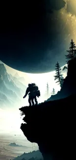 Astronaut explores cliff under a giant moon in space-themed wallpaper.