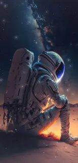 Astronaut sitting under a starry cosmos on a mystical night.