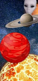 Alien and planets in a mystical space universe wallpaper.