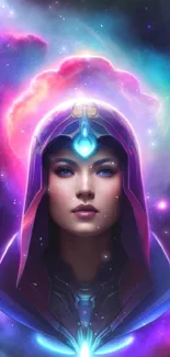 Colorful space-themed artwork with a mystical character in the galaxy.