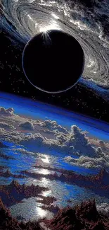 Mystical space art with eclipse and galaxy.