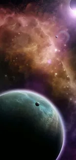 Mystical space scene with nebula and planets in vibrant cosmic colors.