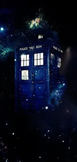 Mystical space wallpaper with a blue police box in a starry galaxy.