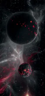 Ethereal space wallpaper with dark planets and nebula.