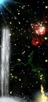 Mystical cosmic wallpaper with waterfall and vibrant red rose.