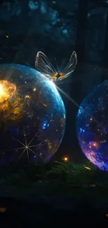 Magical glowing spheres in a dark forest setting with butterflies.