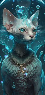 Mystical Sphynx cat with crystal elements in fantasy art style.