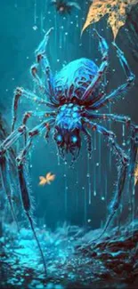 Ethereal blue spider with mystical design and vibrant colors in fantasy landscape.