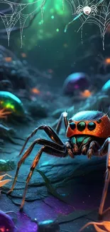 Mystical spider in a glowing, enchanted forest.