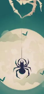 Spider silhouetted against a full moon surrounded by flying bats.