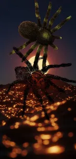 Artistic glowing spiders against a dark night sky, creating a surreal wallpaper.