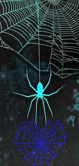 Blue spider on a mystical web in space themed art.