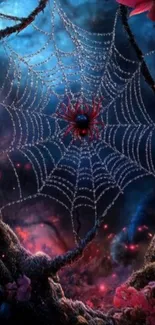 Mystical spider web in an enchanted forest.