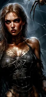 Fantasy art of a mystical woman in a spider-themed costume with a webbed background.