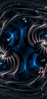 Dark abstract spiral art with blue highlights.