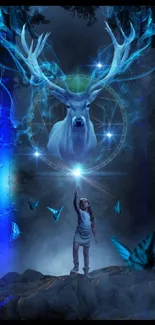 Fantasy wallpaper of a glowing stag and a child in a mystical forest scene.