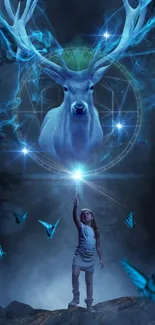 Fantasy wallpaper with blue stag, girl, and butterflies at night.