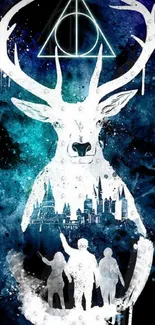 Mystical stag with glowing antlers on a deep blue fantasy background.