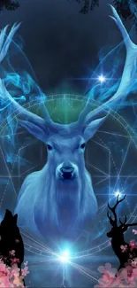 Fantasy wallpaper with mystical stag and magical elements in a dark forest setting.