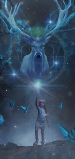 Mystical stag and child in fantasy scene with blue butterflies.