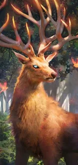 Mystical stag with glowing eyes in an enchanted forest scene.