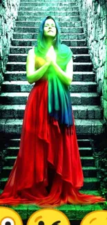 Mystical figure on stone staircase with vibrant colors in fantasy art.