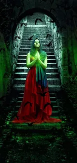 Gothic art wallpaper with woman on stairs in red dress and mystical green aura.