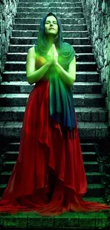 Woman in red dress on mystical green-lit staircase.