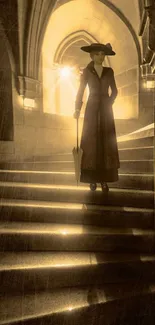 Mysterious silhouette on gothic staircase in sepia tones