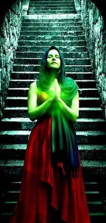 Woman in colorful cloak on mystical stone steps with a green glow.