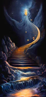 Mystical stairway leading to a starry sky, filled with ethereal lights and dreams.
