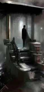 Mystical stairway with lone figure in moody, foggy ambiance.