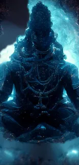 Ethereal blue statue in meditation with starlit background.