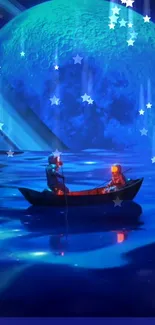 Two adventurers under stars on a boat in a cosmic-blue landscape.