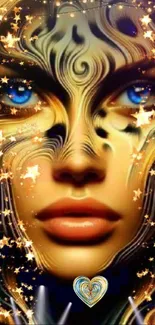 Mystical face with blue eyes and starry golden design.