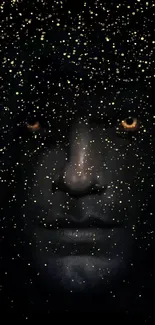 Mysterious face in starry night mobile wallpaper with golden specks.