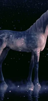 Mystical horse under a starry night sky, exuding cosmic magic.