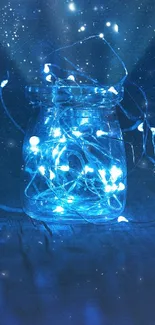 Blue glowing jar with stars against a dark wooden surface.