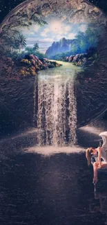 Mystical night scene with waterfall and stars in mobile wallpaper.