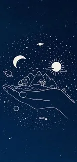 Hand holding starry night scene with planets and mountains.