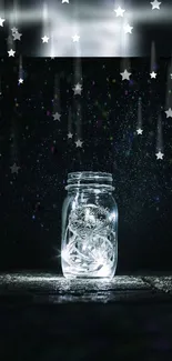 A luminous jar capturing falling stars against a dark night sky.