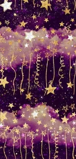 Mystical wallpaper with golden stars on a purple sky.