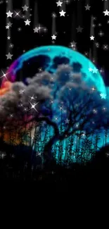 Mystical wallpaper with blue moon and stars.