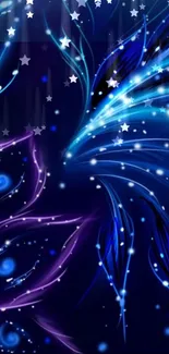 Mystical starry night mobile wallpaper with blue hues and abstract stars.